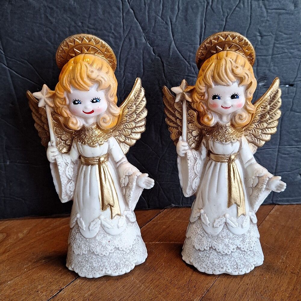 2 Mid Century Plastic/Rubber Angel Tree Topper Figurines Made in Japan 8" Tall